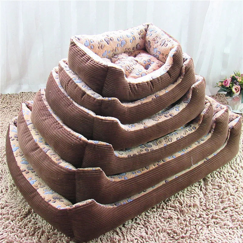 Beige plush dog bed with a raised bolster edge for a small dog.