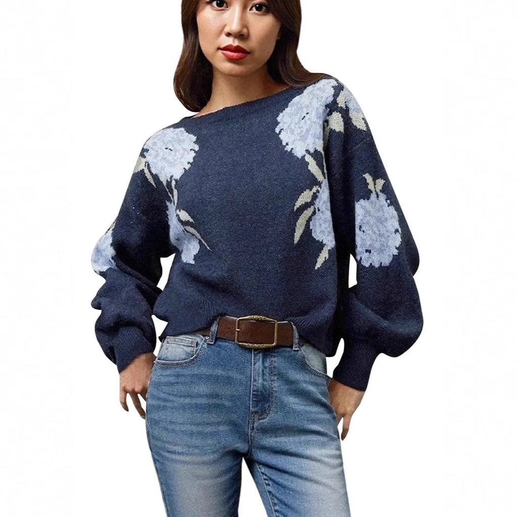 Sapphire Blue women's loose pullover with off-neck and floral jacquard pattern