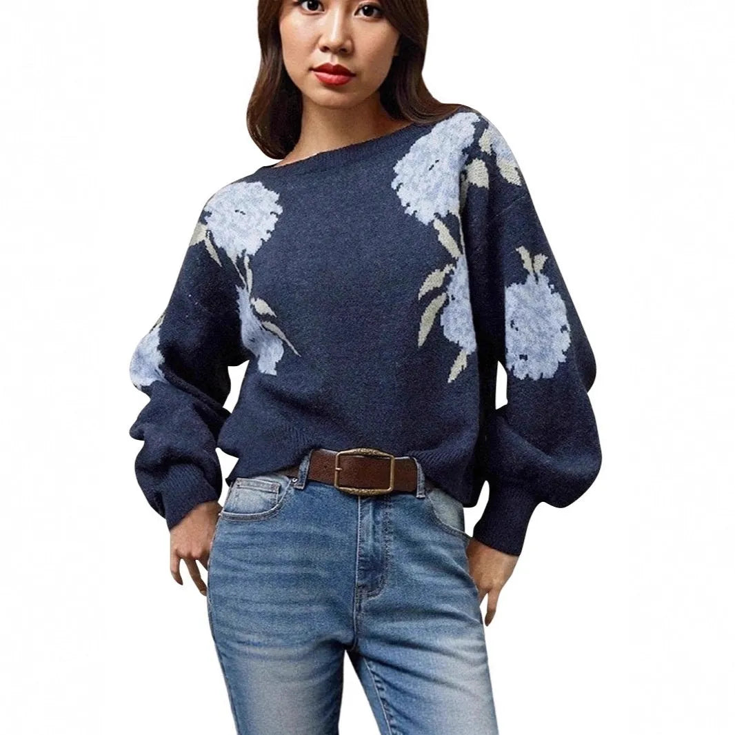 Sapphire Blue women's loose pullover with off-neck and floral jacquard pattern