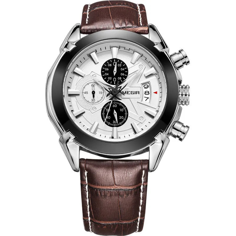 Men's multifunctional quartz watch with three sub-dials, luminous hands, and waterproof casing