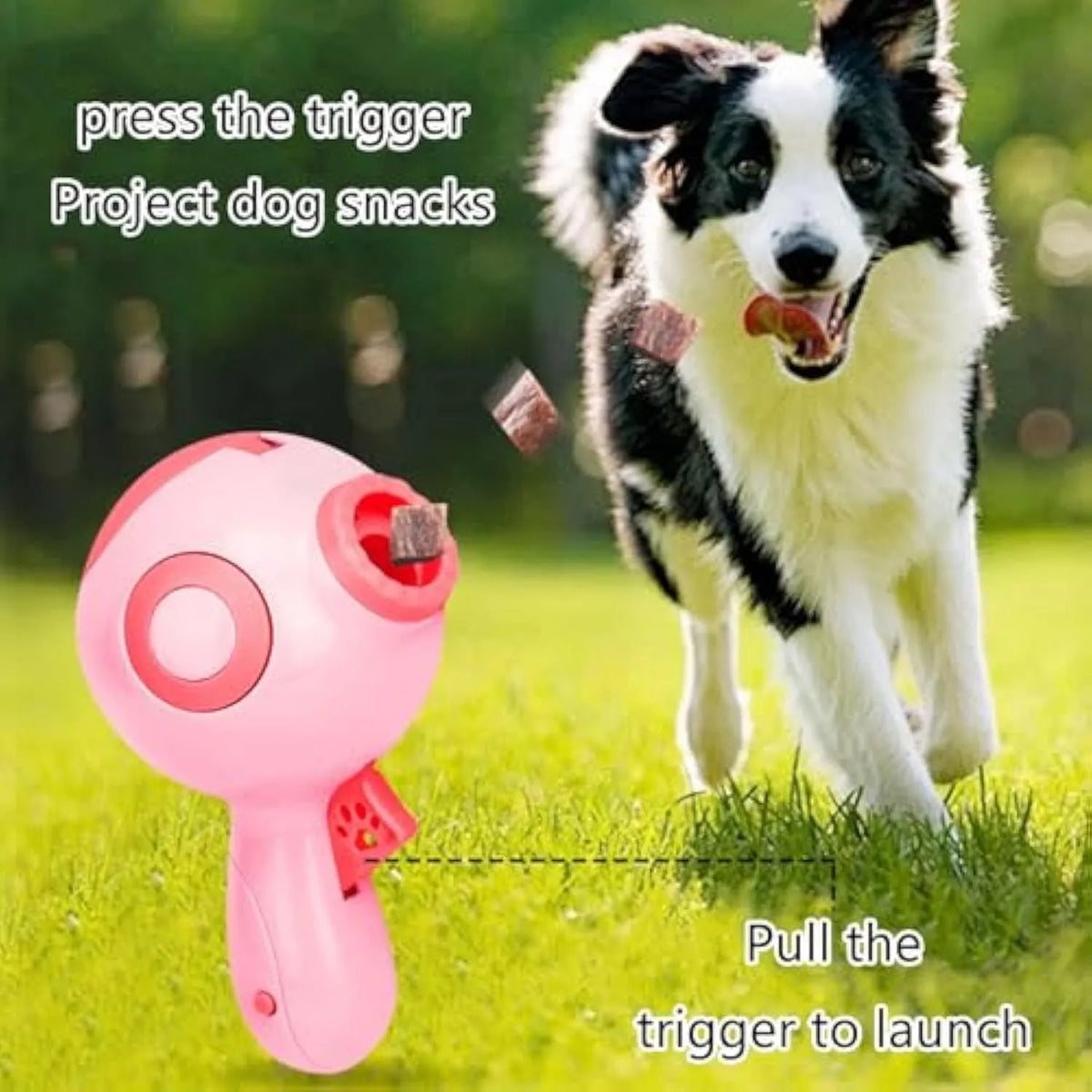 Green, orange, and pink dog treat launcher toy for remote feeding and interactive play