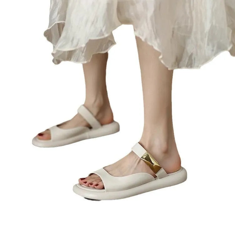 Women's apricot platform sandals with peep toe design, soft leather uppers and flat rubber soles