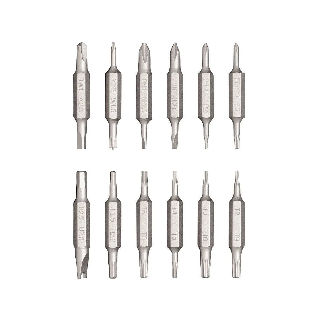 24-in-1 aluminium repair screwdriver set with magnetic bit storage in green, grey, or red.