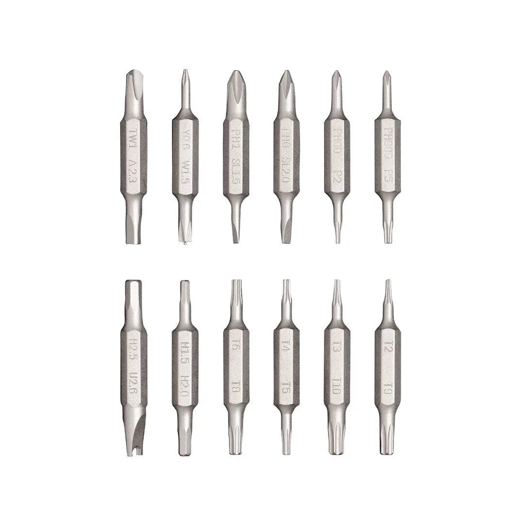 24-in-1 aluminium repair screwdriver set with magnetic bit storage in green, grey, or red.