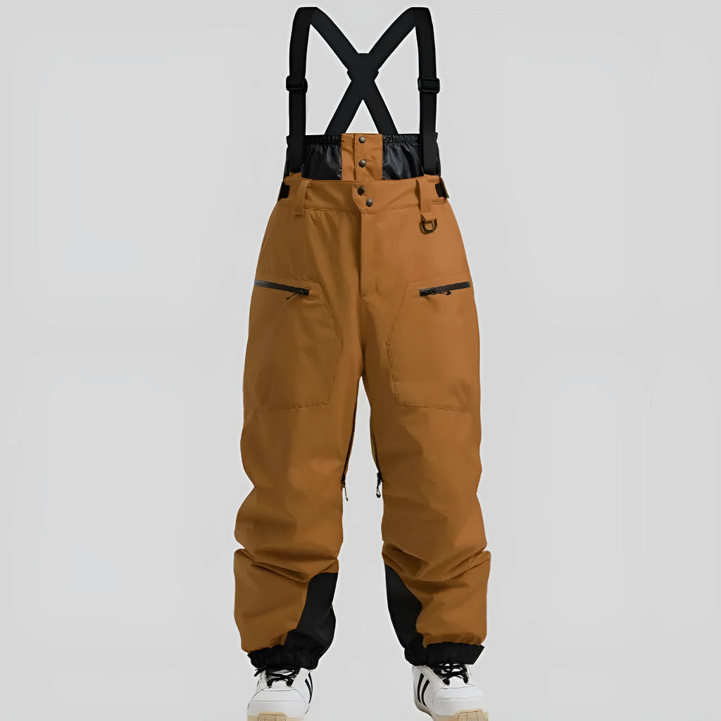 Men's black waterproof ski trousers with flame-retardant lining on a snowy background