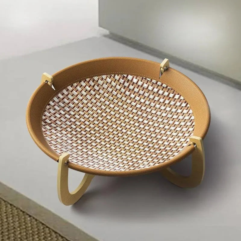 Brown woven rattan pet hammock bed with 46cm square dimensions and 17.5cm height
