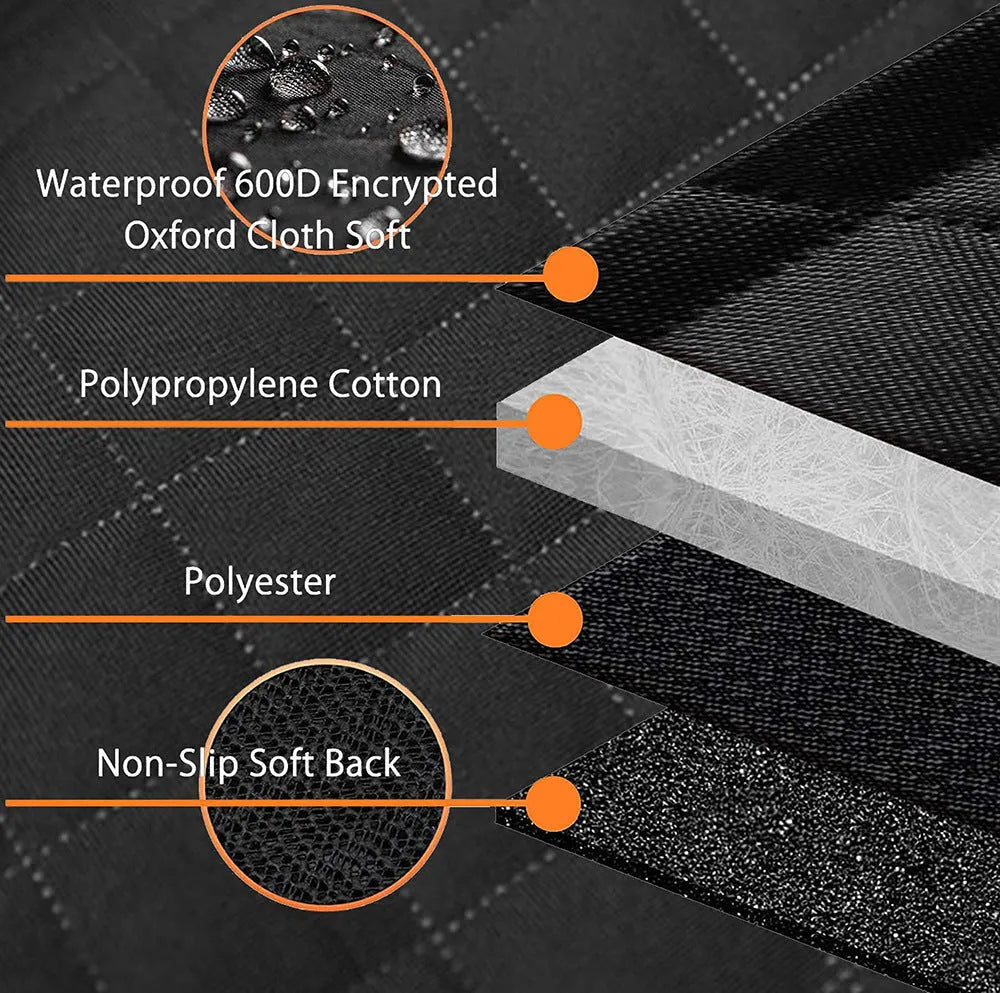 Black and orange edged waterproof pet car mat laid flat, showing mesh window and rear accessory pocket