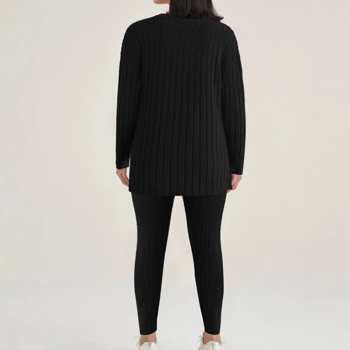 Women's black and blue polyester two-piece lounge set with sunken stripe pattern in extended sizes