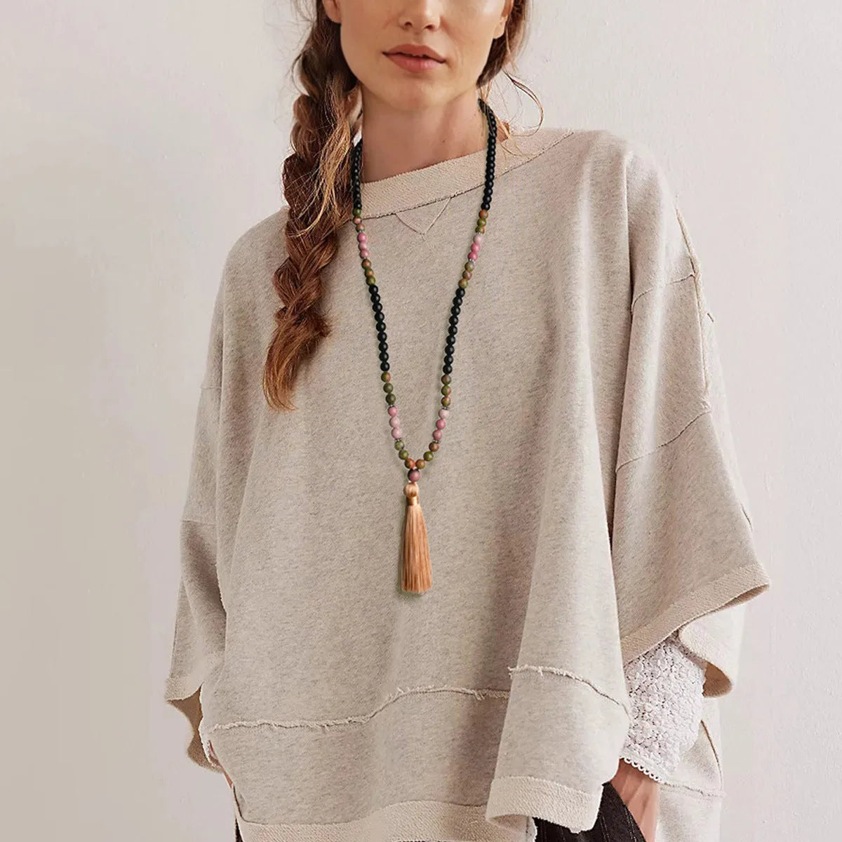 108 natural stone tassel necklace with gemstone pendant on long bead chain