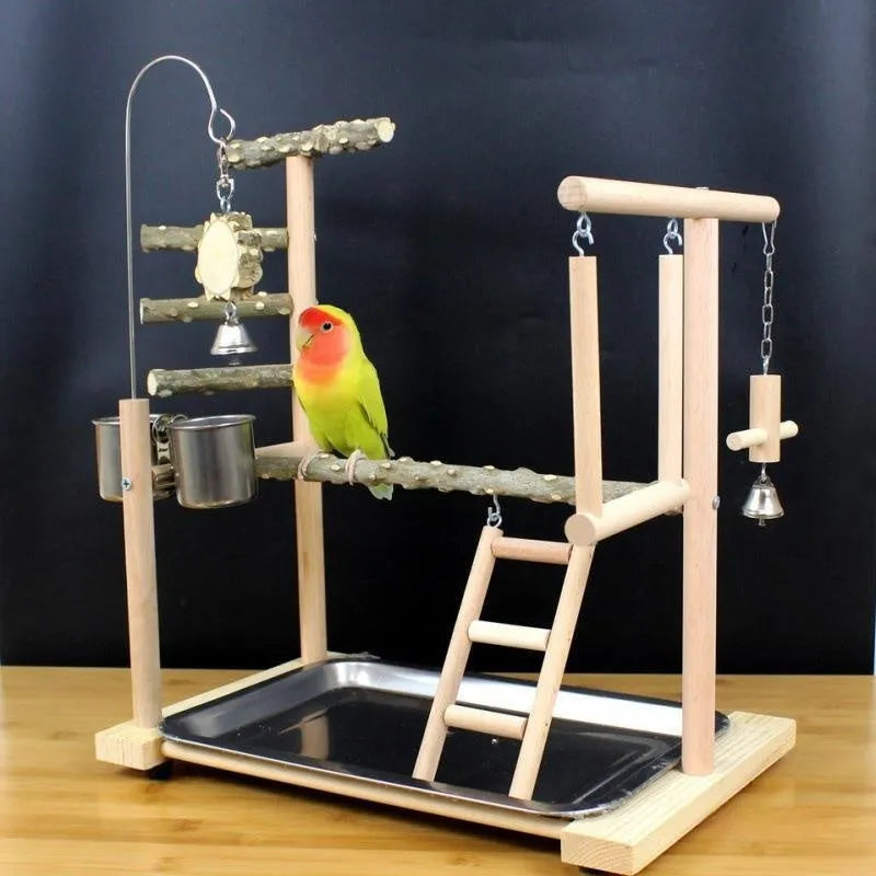 Natural pepper wood parrot toy stand with multiple platforms and a pole for accessories.