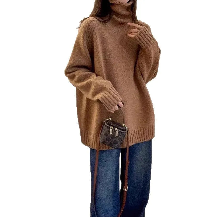 Women's loose fit thick turtleneck sweater with a 3D curling pile collar in red.