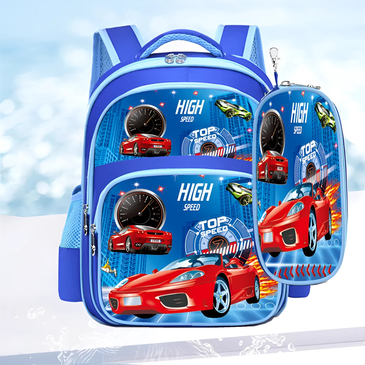 Children's nylon backpack with colourful anime cartoon print, shown with matching pencil case, dimensions 30x14x42cm.