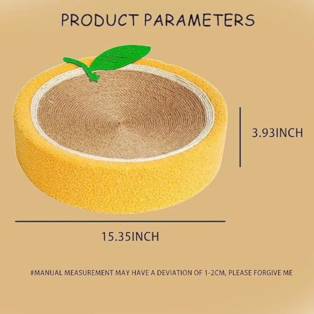 Yellow round fruit-shaped sisal cat scratching board and bed for small cats.