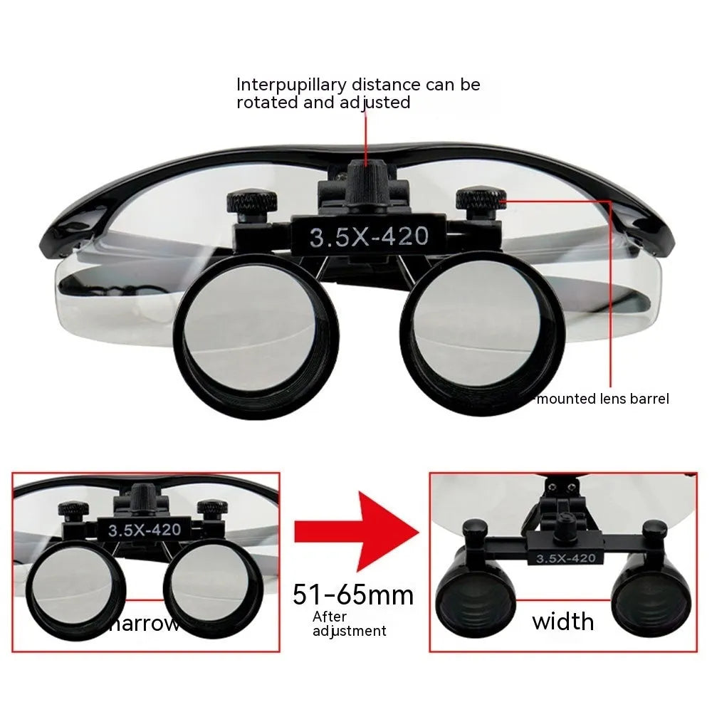 Black head-mounted dental magnifying glass with LED light and adjustable working distance