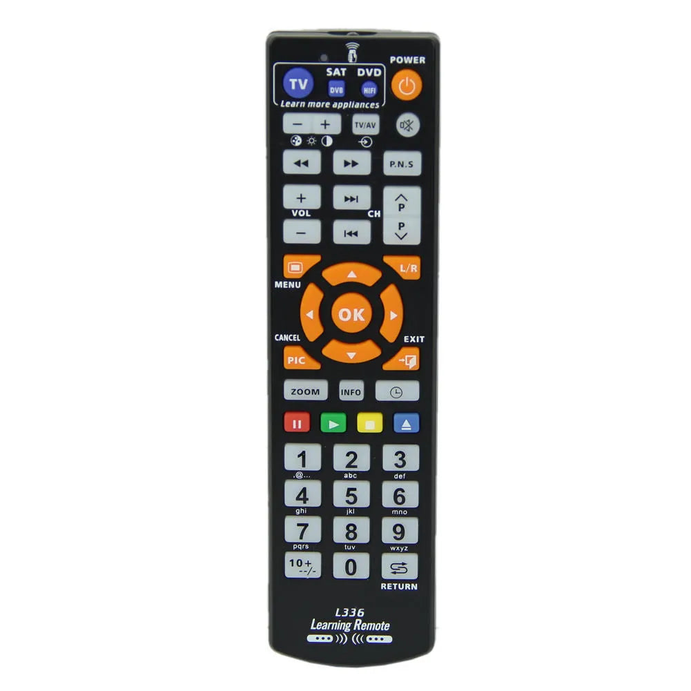 Black L336 learning remote control showing button layout and infrared transmitter