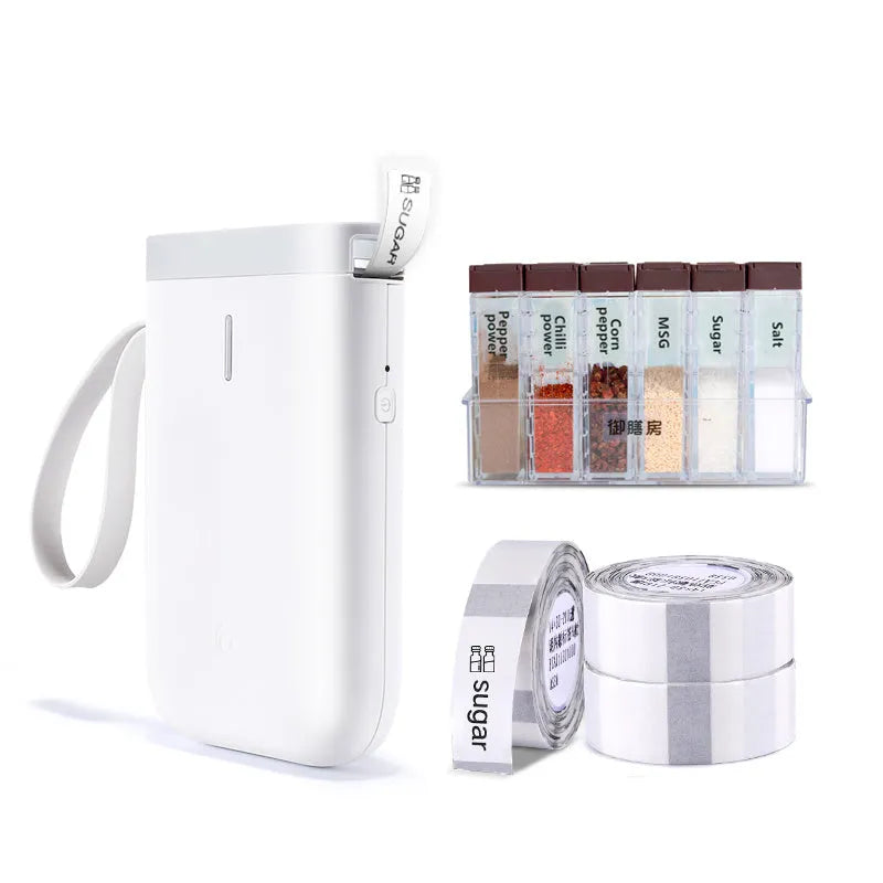 D11 Bluetooth thermal label printer in black, white, green, or pink next to a smartphone showing the label design app.
