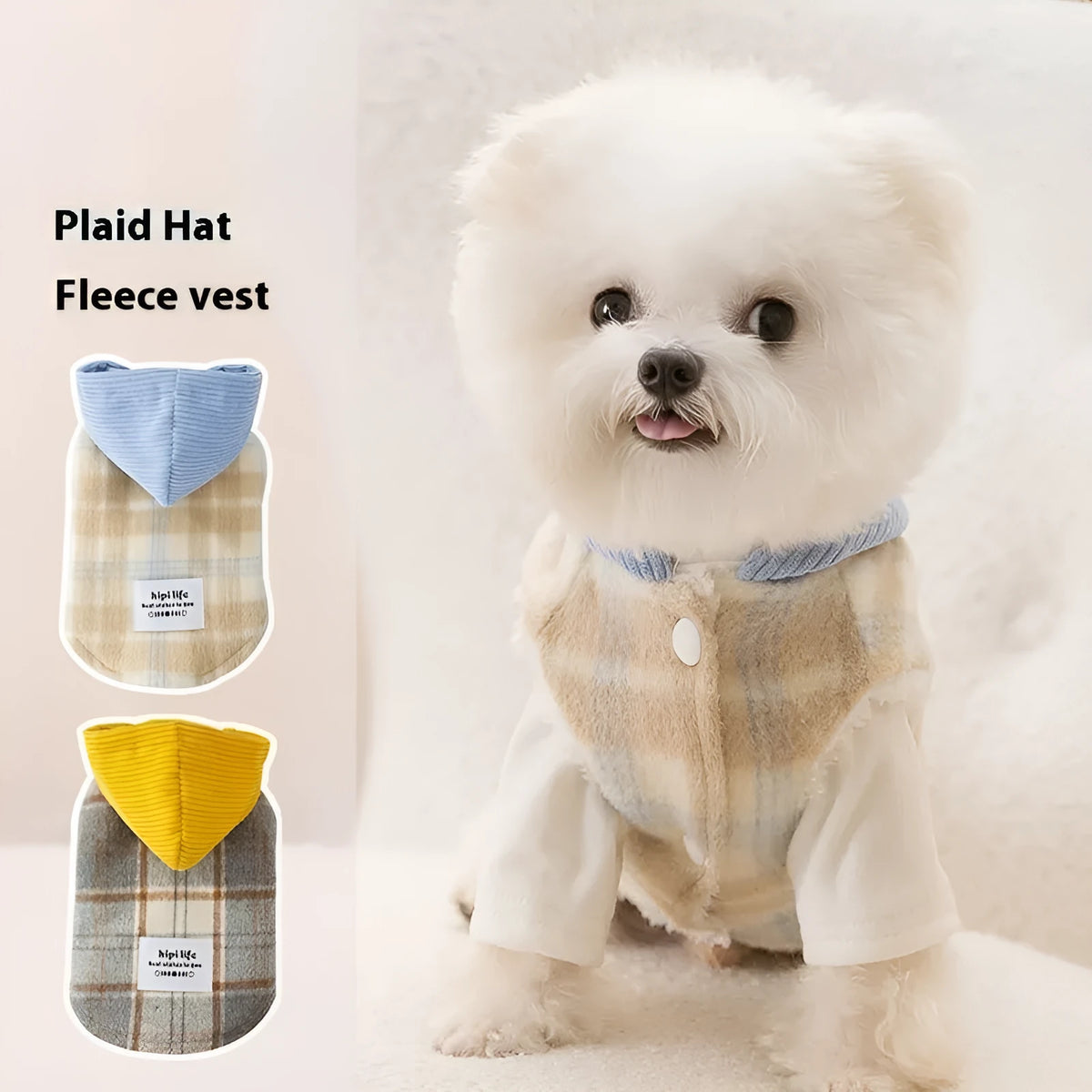 Blue corduroy dog hoodie with a chessboard grid pattern and a matching hood, shown on a small dog.