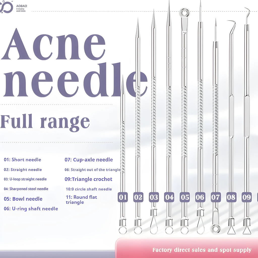 4-piece metal acne needle set with ultra-fine pointed clips on a silver background.