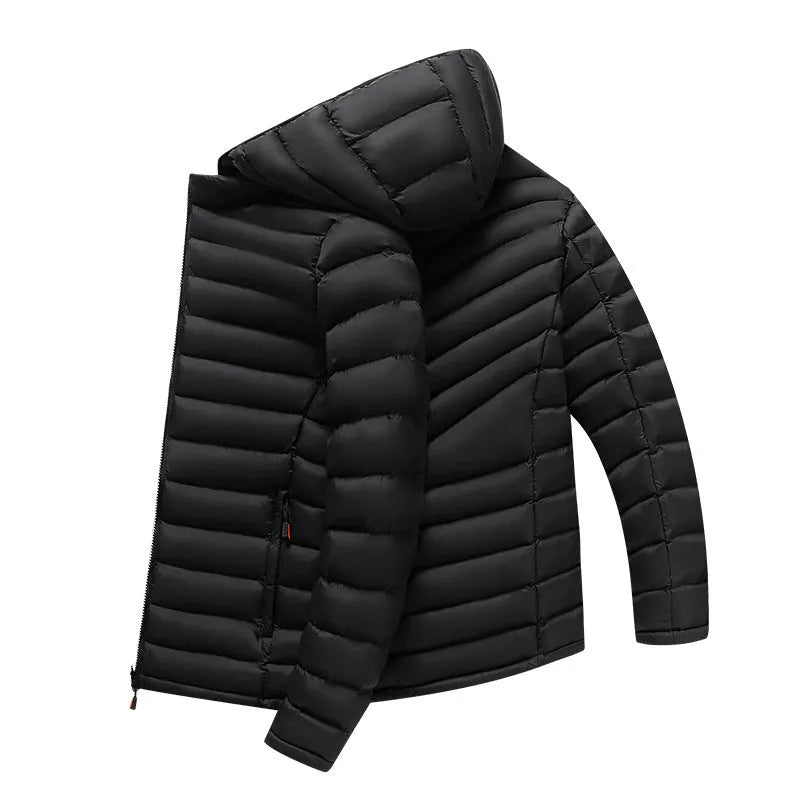 Men's lightweight down jacket with hood and detachable collar in black colour with zippered pockets