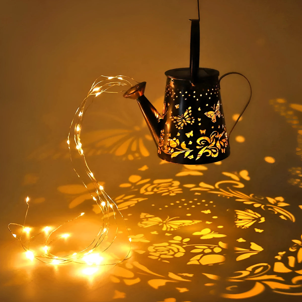 Solar-powered tapered butterfly pattern iron garden lamp emitting warm white light.