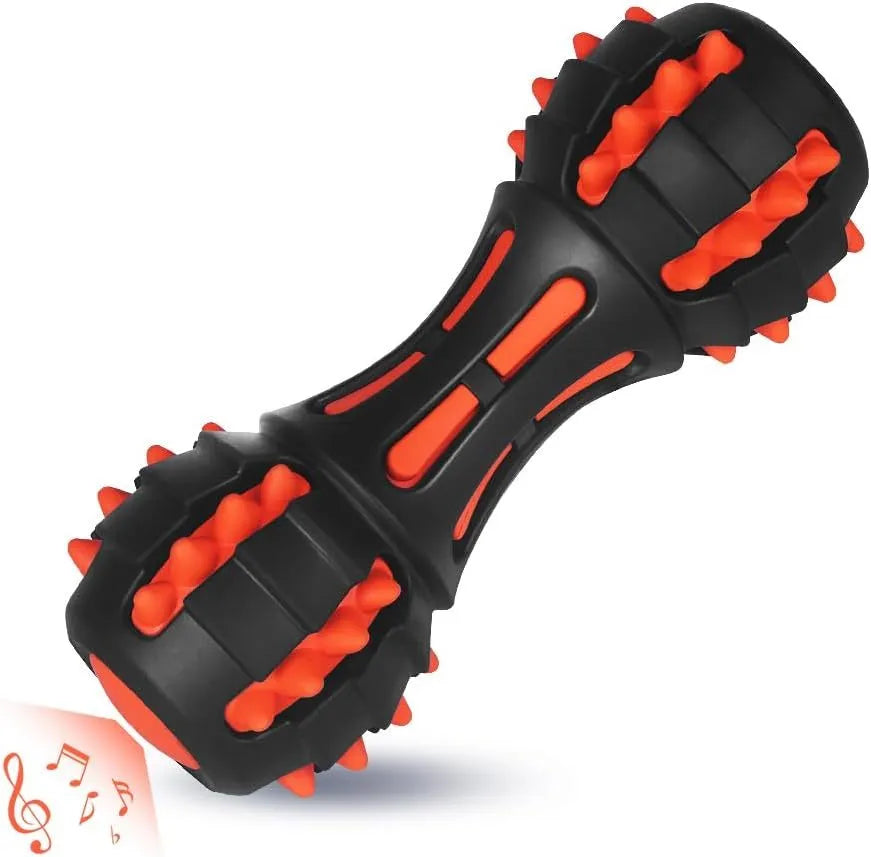 Red dumbbell-shaped dog chew toy made of natural rubber for aggressive chewers
