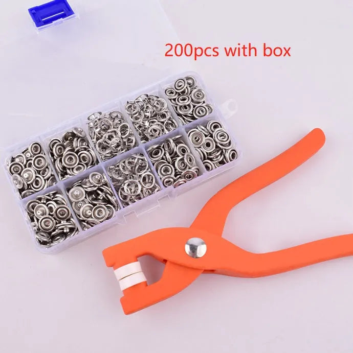 Stainless steel five-claw no-sew suit button for clothes, 9.5mm size, with pliers.