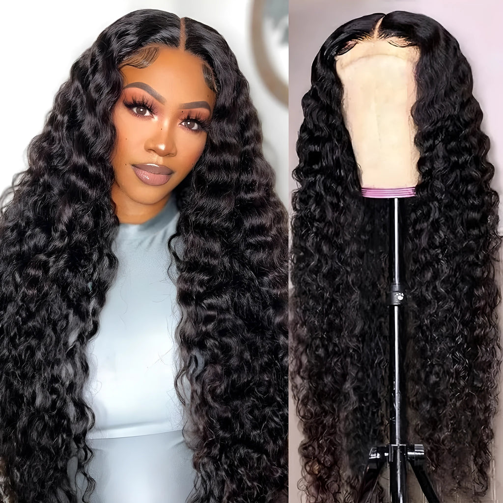 Front lace human hair wig with deep wave style, hand-woven, available in 20cm to 85cm lengths, natural look.