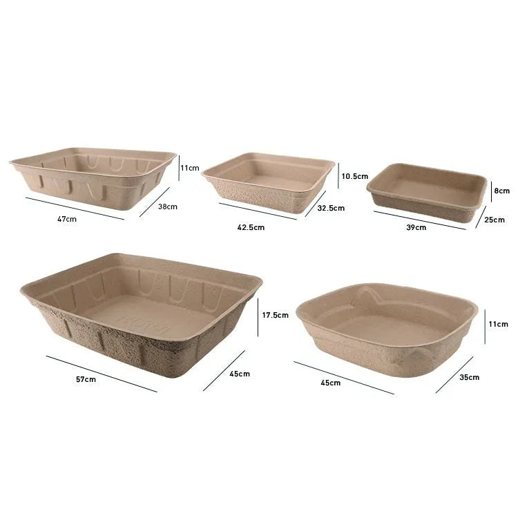 Brown disposable biodegradable cat litter box shown in three different size options for pet waste management
