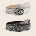 Retro women's belt with oval alloy buckle in thick grey-white PU leather