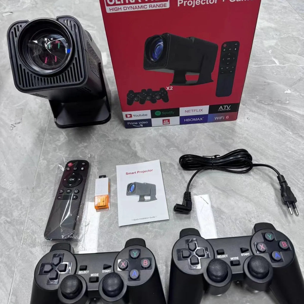 Black 720p wireless home projector on table with international power adaptors for gaming and media projection