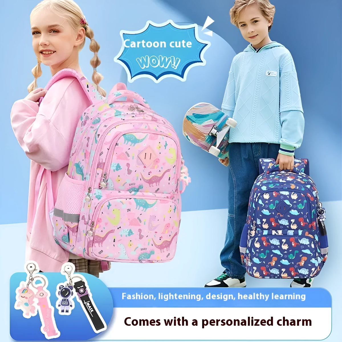 Children's waterproof Oxford school backpack in multiple dinosaur and rainbow pattern colour options