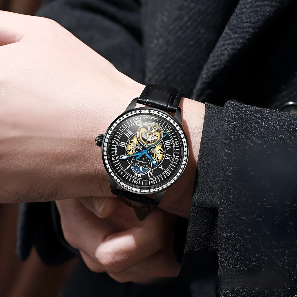 Men's waterproof mechanical watch with stainless steel strap and visible movement through transparent case back