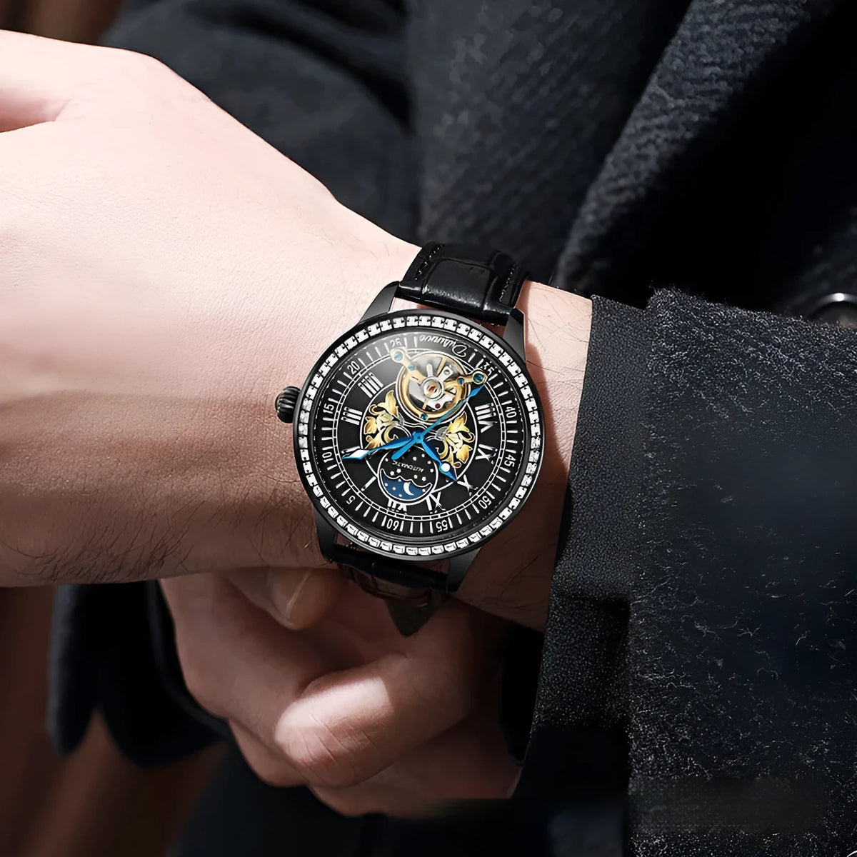 Men's waterproof mechanical watch with stainless steel strap and visible movement through transparent case back