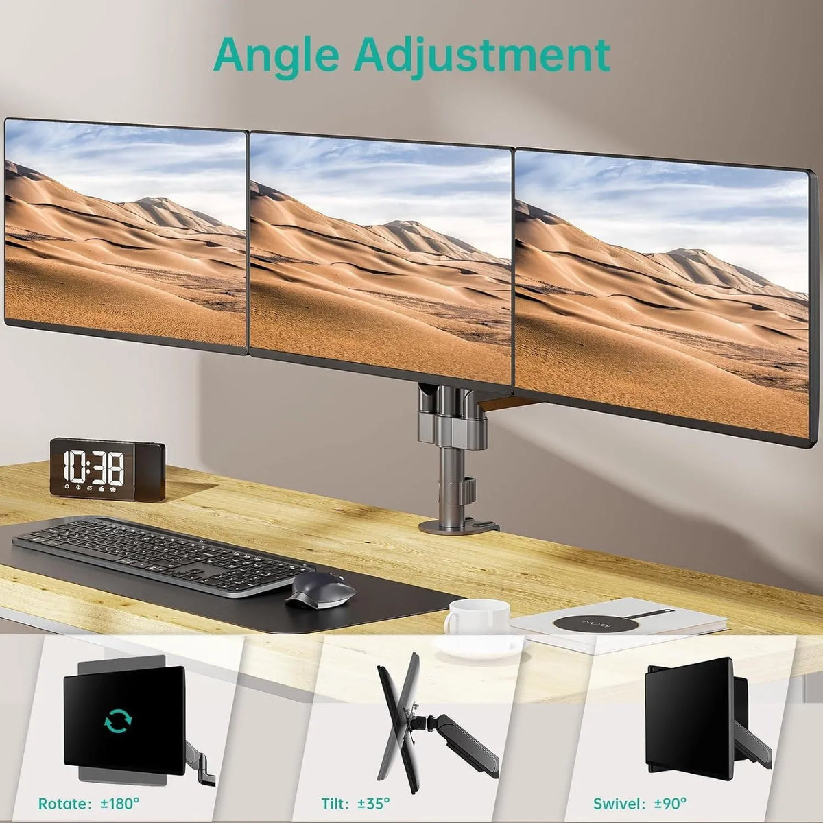 Black three-arm gas spring monitor mount for 27-inch computer screens with aluminium alloy construction