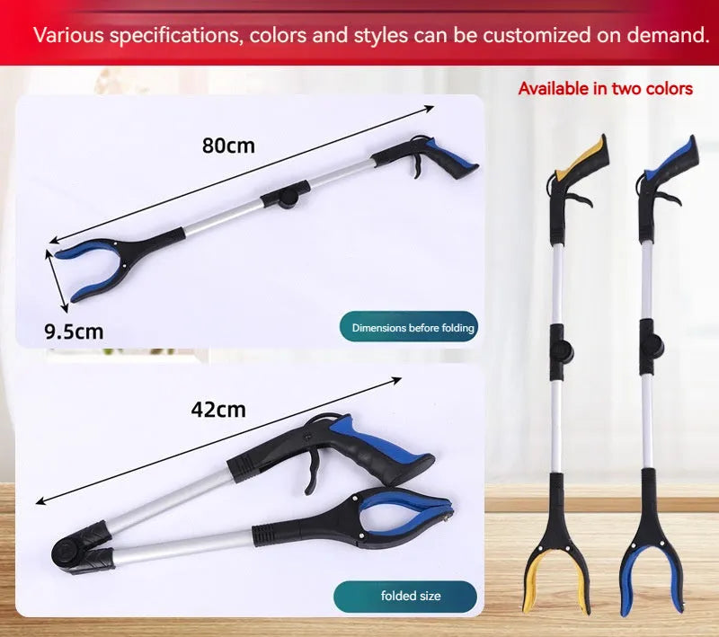 Folding aluminium garbage pick-up clamp with extended shaft and magnetic sucker attachment on a blue handle.