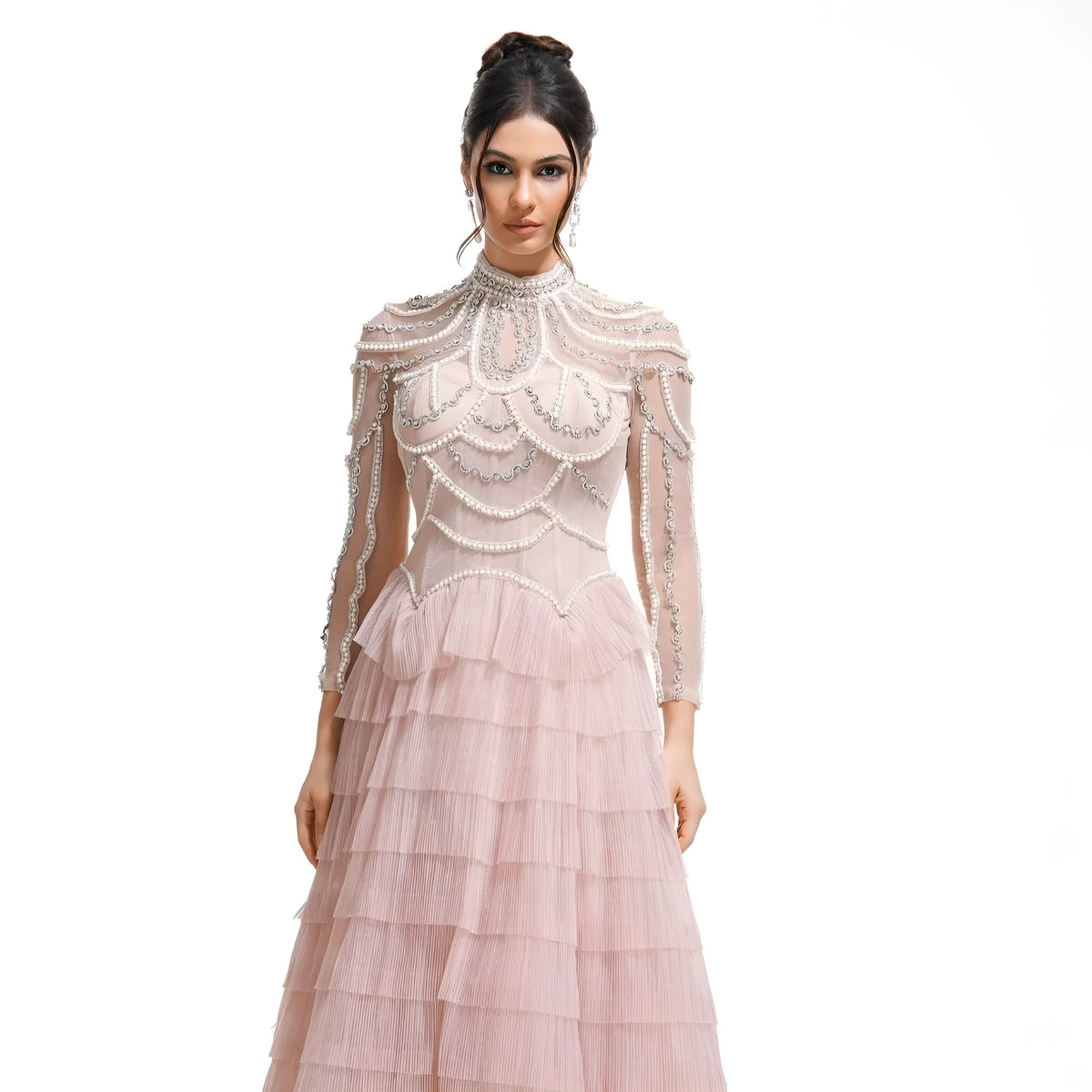 Women's black or pink evening dress with beaded decoration long sleeves floor length skirt