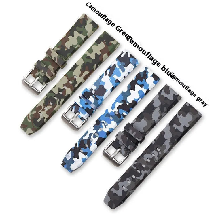 Camouflage pattern silicone watch strap showing flat head lugs, available in blue, green and grey.
