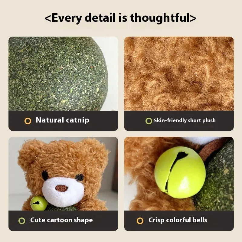 Plush catnip ball toy with bell in brown bear design showing 15cm height and 4cm mint ball