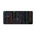 Super large black office mouse mat with white printed English keyboard shortcuts, shown on a desk.