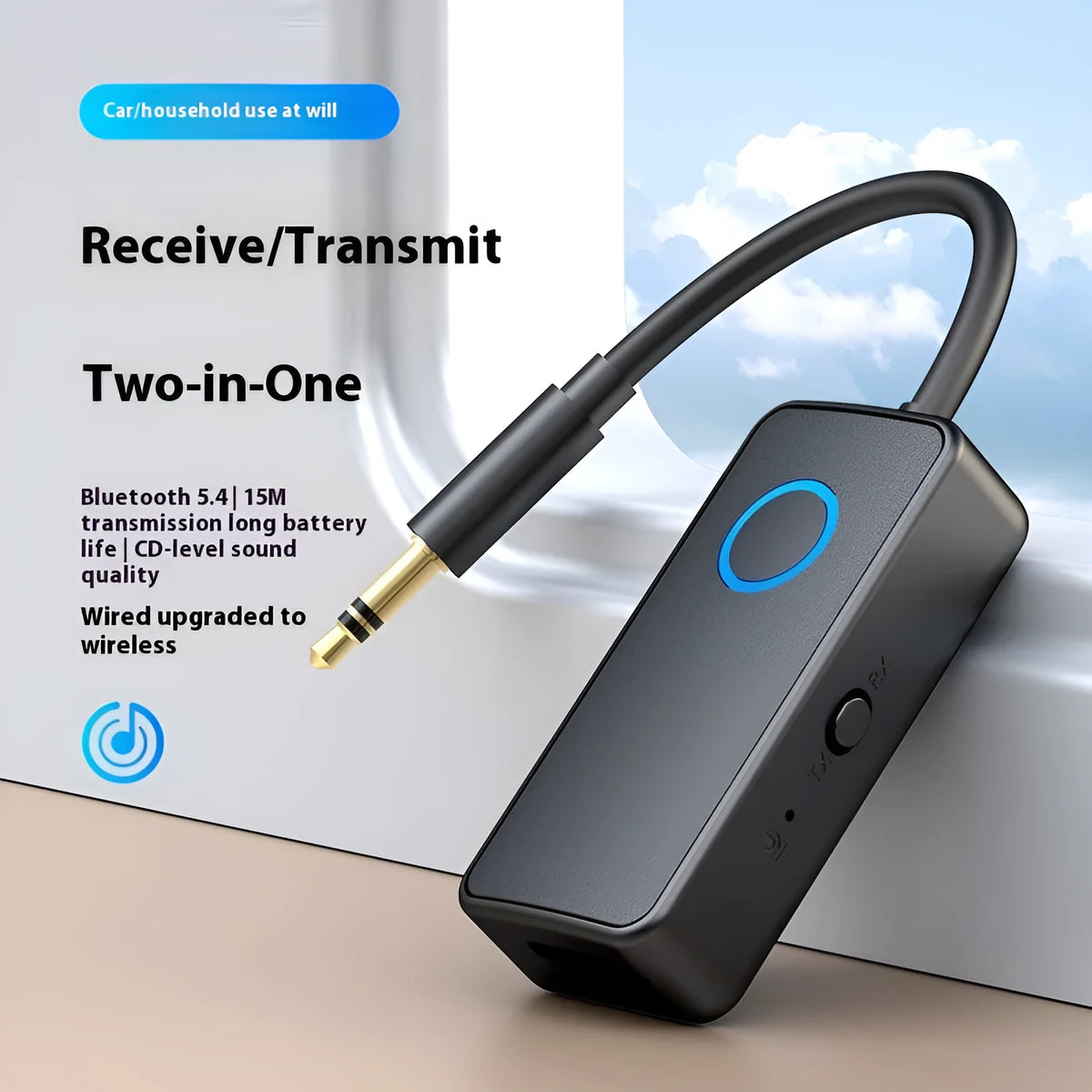 Black Bluetooth 5.4 audio adapter with 3.5mm plug for wireless music streaming.