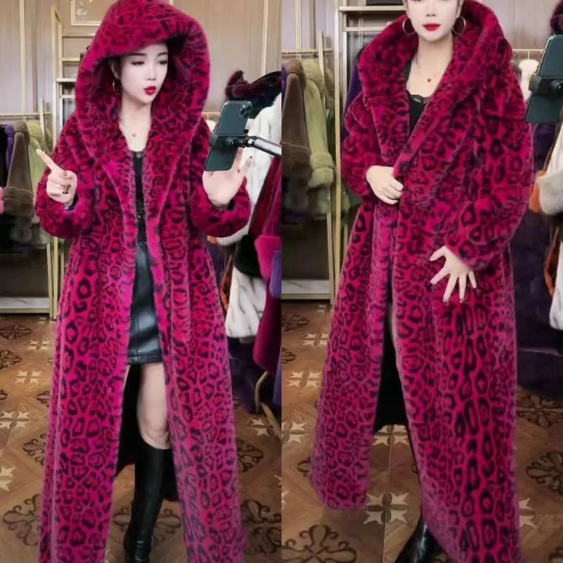 Long brown leopard print faux fur coat for women in plus sizes.