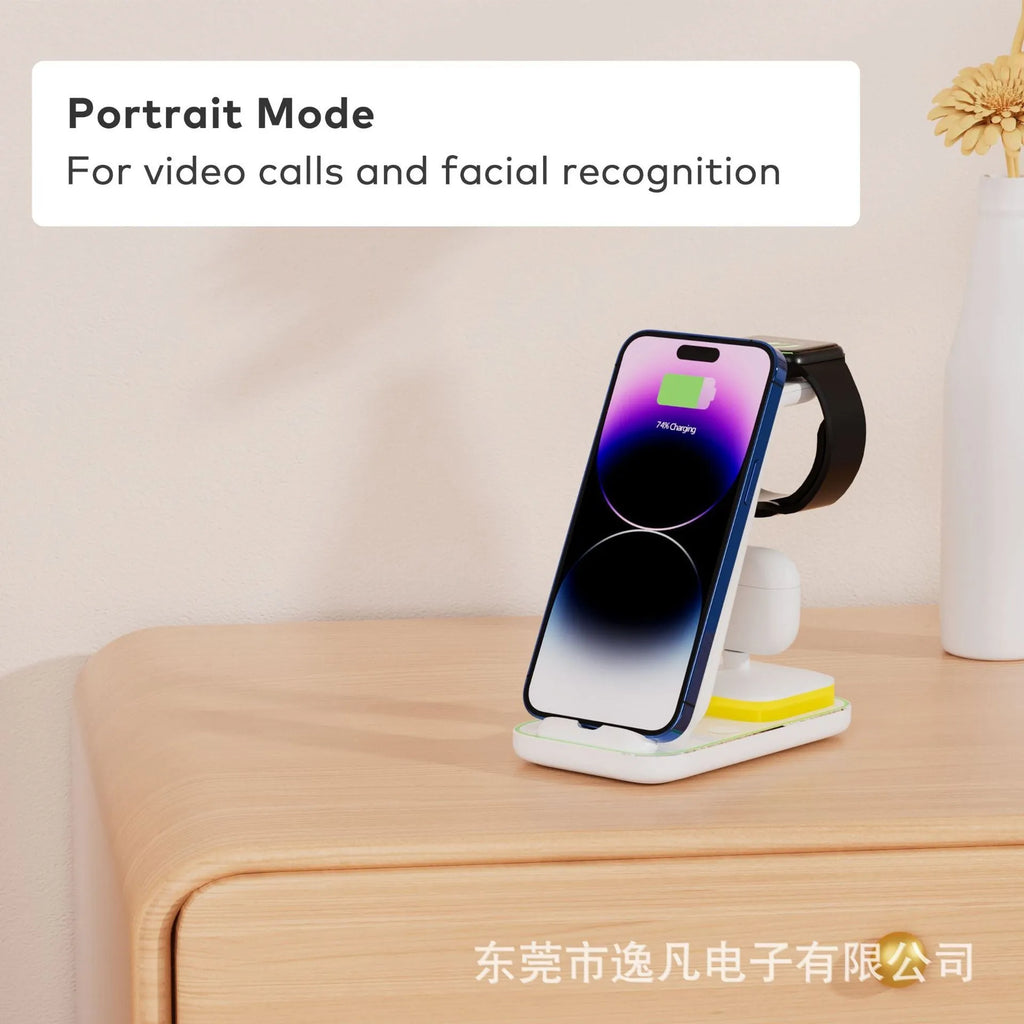 Black vertical wireless charger with phone charging in upright position on desk