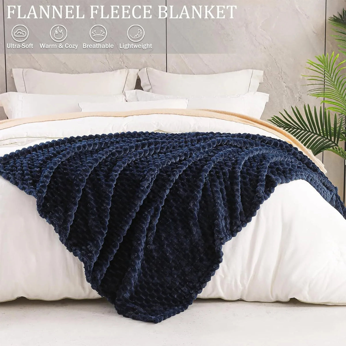 Soft polyester velvet children's plaid blanket in camel colour, shown in a 90x90 inch size on a bed.