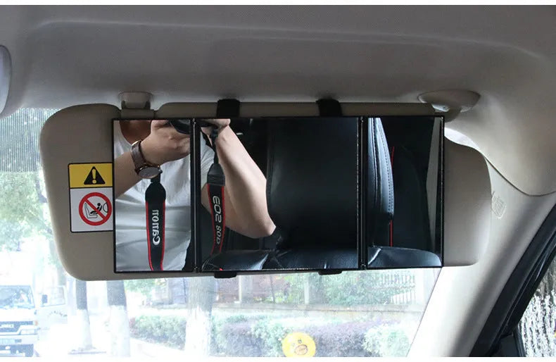 Silver car folding makeup mirror shown closed and open, with ABS plastic frame.