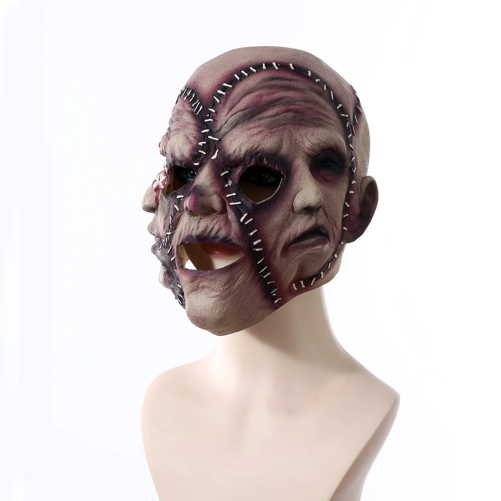 Latex three-sided Grimace horror Halloween mask for adults on a black background.