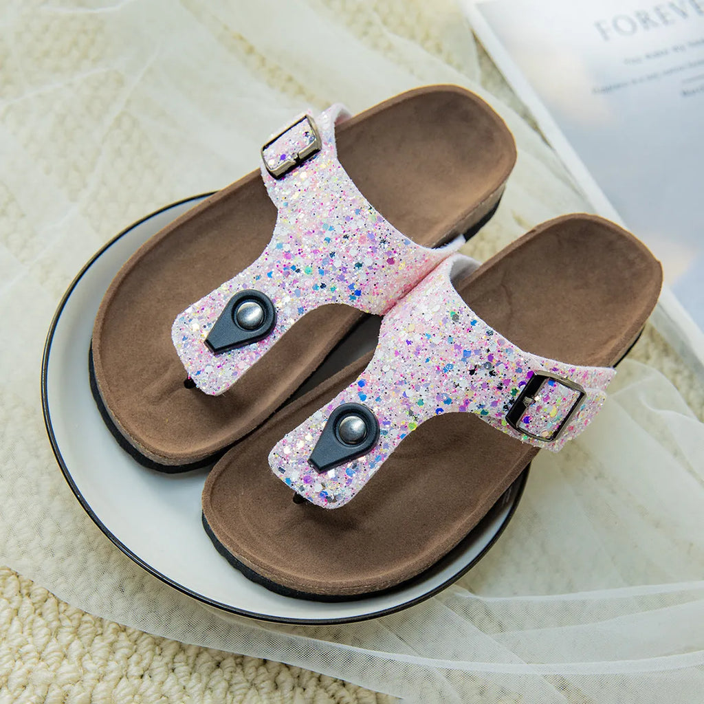 Cork couples flip-flops in pink silver gold colours with PVC soles and artificial leather uppers