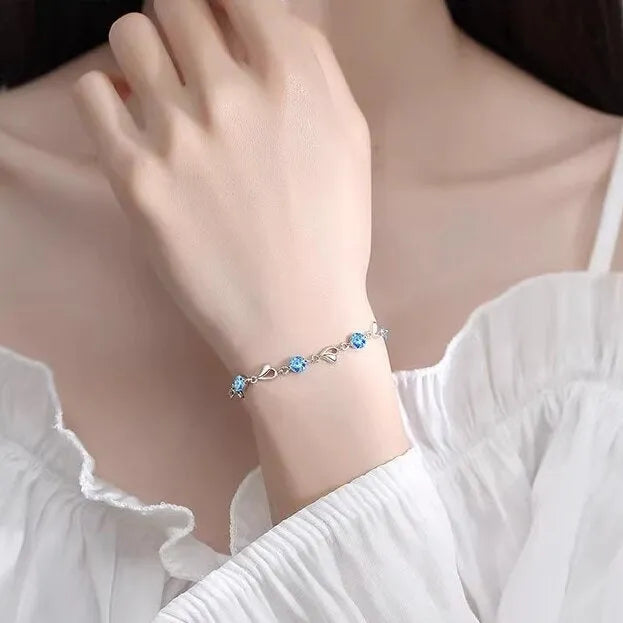 Blue diamond heart pendant necklace and bracelet set with mixed gem inlay on electroplated copper chain