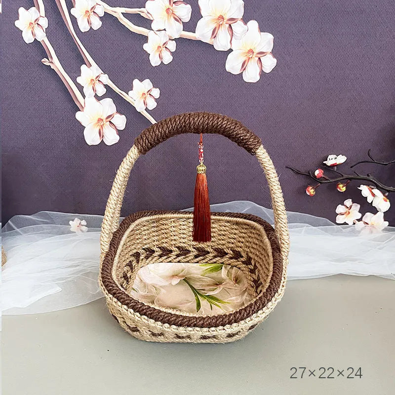 Hand-woven hemp rope basket in pastoral retro style measuring 19cm by 12cm