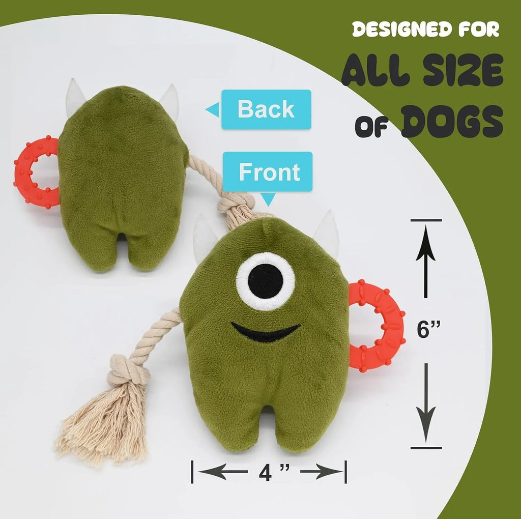 Blue and green monster-style dog toy with plush body and woven rope sections.