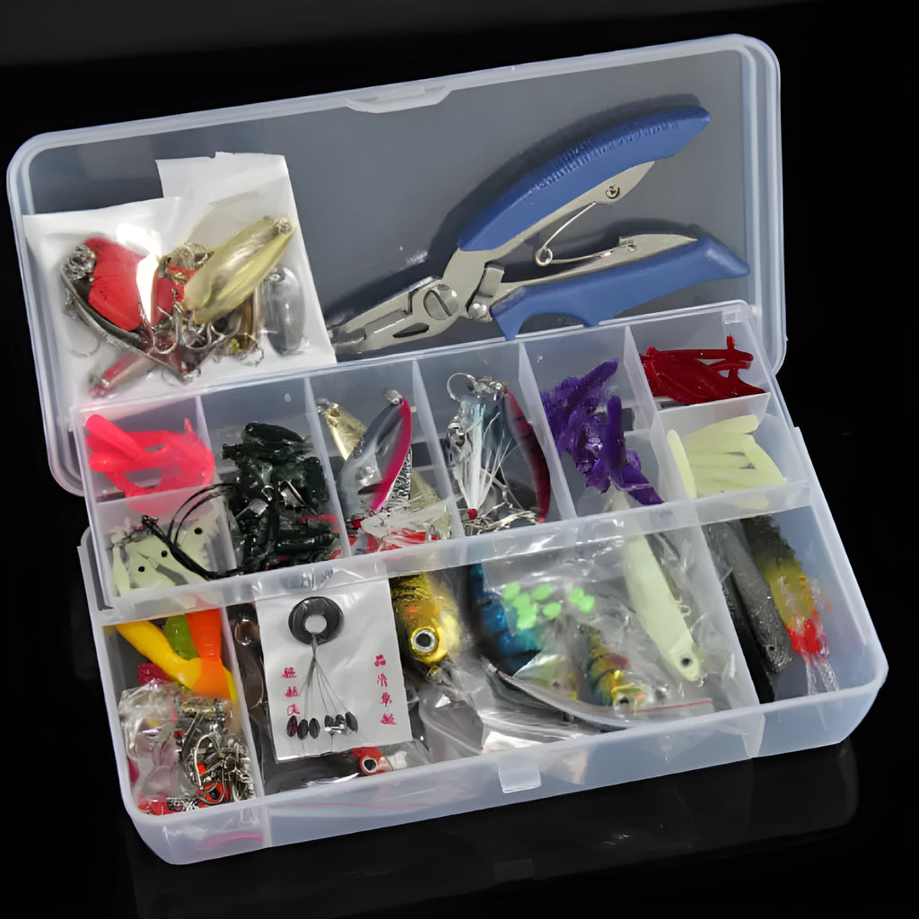 132-piece fishing lure suit kit with rose red plastic baits and high carbon steel hooks in tackle box